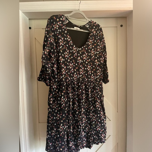 Garnet Hill Black Floral Multicolor Dot 3/4 Sleeve Dress Pockets Viscose Sz 12 - Picture 1 of 3